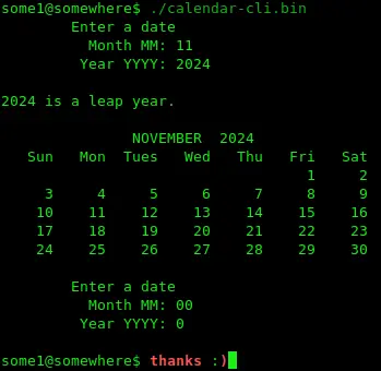 Cli-cal showing a leap year.